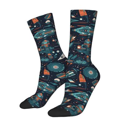TEMU 1 Pair Futuristic Space Wars Novelty Socks, Polyester 95% Spandex 5% Knitted Crew Socks For Teens, Hand Washable, Full Print Mid-calf Casual Socks Image