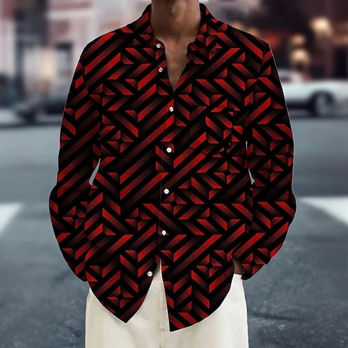 Herren Geometrisch Farbverlauf Linie Hemd Knopfhemd Langarm Modisch lässig Urlaub Täglich Streetwear Frühling Herbst Umlegekragen 3D-Druck Hemden mit Kragen Eine Tasche vorne Rote Image