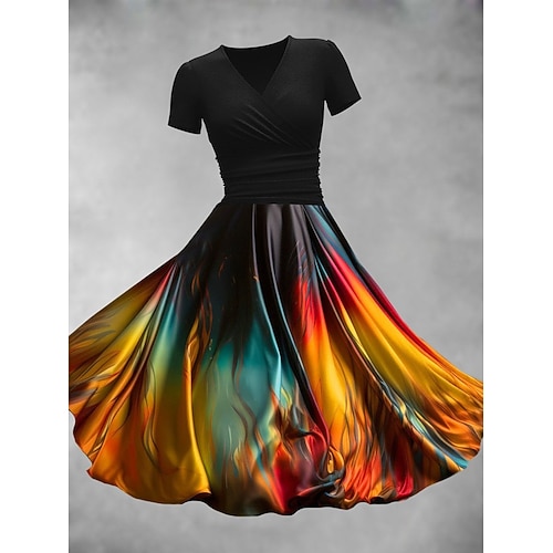 Damen Midikleid A Linie Kleid Sommerkleid Figurbetontes Kleid Party Lässig Täglich Ferien Normale Passform Grafik Farbblock Abstrakt Kurzarm V Ausschnitt Schwarz Orange Regenbogen Sommer Image