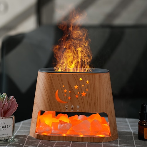 1 Stück Aromatherapie-Maschine aus natürlichem Stein, Luftbefeuchter, buntes Flammen-Atmosphärenlicht mit ätherischem Ölzusatz, hohler Stern, Mond, Salzstein, dekoratives Licht, Fernbedienung, Timing, Image