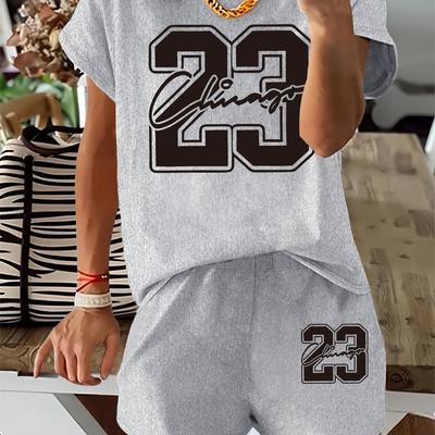 "TEMU Women's Casual Summer "23" Graphic Print T-shirt & Shorts Set - Light Gray, Polyester, Round Neck, Short Sleeve, Shorts With Drawstring Waist, Casual Attire|graphic Print Top|lightweight Fabric" Image
