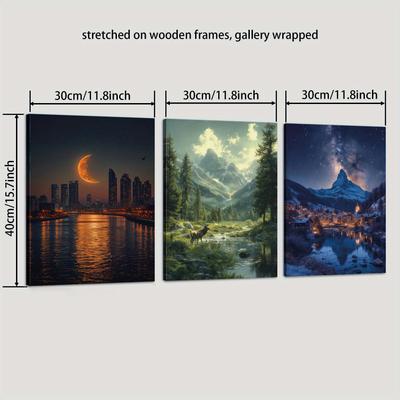 TEMU 3pcs Wood Frame Canvas Print Decorative Painting, Nature Landscape Decoration, City, Mountains, , River, Reindeer, Art, Indoor Home Wall Decoration Art Image