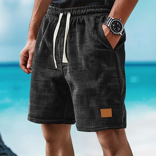 Herren Waffel-Shorts Sweat-Shorts Shorts Bermudashorts Strandshorts Tasche Kordelzug Elastischer Bund Einfach Komfort Sport Knielang Outdoor Täglich Urlaub Klassicher Stil Schwarz Weiß Mikroelastisch Image