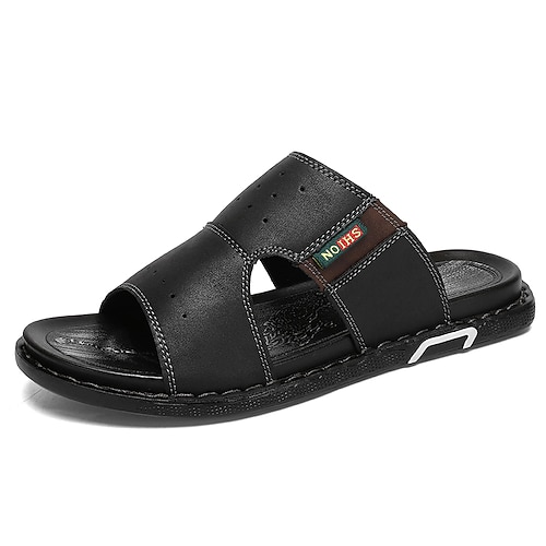 Braune Slip-On-Sandalen mit Cut-Outs für Herren, Sommer-Slides aus weichem Kunstleder für Komfort im Haus, Besorgungen am Wochenende und den lässigen Gebrauch im Freien Image