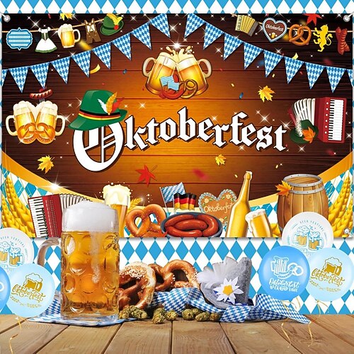 Oktoberfest Deutsche Bayerische Hängetapete Brezel Bier Wandkunst Blau Weiß Karomuster Große Tapete Wandbild Dekor Fotografischer Hintergrund Festival Image