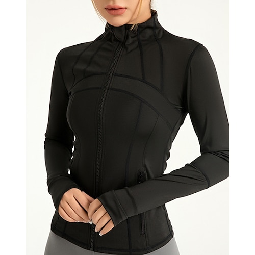 Damen Sportjacke Pilatesjacke Yogajacke Stehkragen Sonnenschutz Elastisch Atmungsaktiv Fingermäntel Langarm Sport Einfarbig Jacke Für Pilates Laufen Fitness Sportkleidung Image