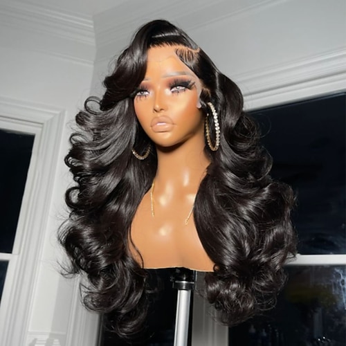 Remy Echthaar 5x5 Verschluss 13x4 Spitzenfront Perücke Mit Pony Brasilianisches Haar Gewellt Schwarz Perücke 130% 150% Haardichte mit Babyhaaren Natürlicher Haaransatz 100% Unbehandelt Kleberfrei Image