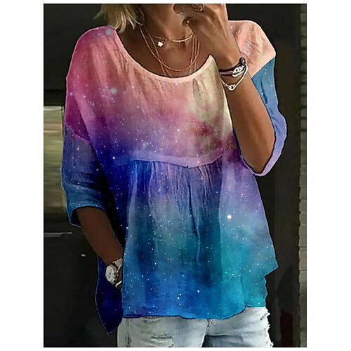 Damen Bluse Druck Farbverläufe Stilvoll Dreiviertelarm Rundhalsausschnitt Normale Oberteile Täglich Ferien Blau Rosa Marineblau Purpur Sommer Image