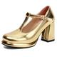 Gicoiz T Strap Mary Jane Ladies Block Heel Platform Pumps Round Toe Wedding Buckle Party Shoes Chunky High Heeled Gold Size 6-40