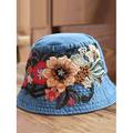 Cappello da pescatore in denim ricamato da donna – design floreale, elegante cappello estivo, perfetto per attività all'aperto, spiaggia e abbigliamento casual