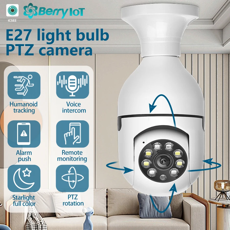 E27 Glühbirne WIF Überwachungskamera PTZ Nachtsicht Vollfarbe HD automatische Tracking CCTV Babyphone 1080P Überwachungskamera ICSEE Image