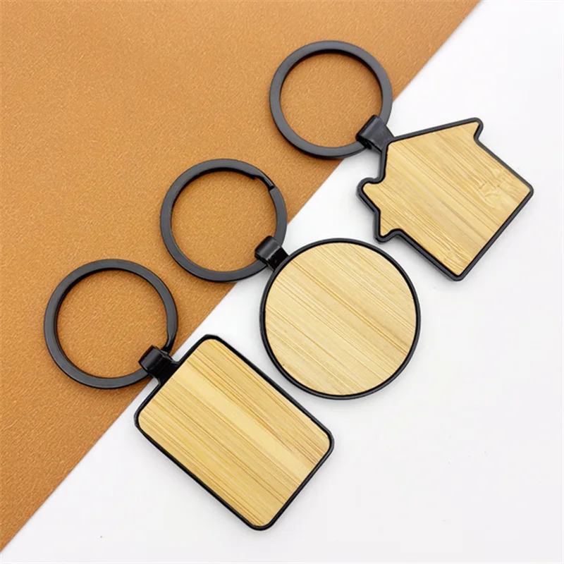 LOGO laser Bambù Legno Metallo Ruota Portachiavi rettangolare rotondo Vuoto Personalizza Portachiavi apri legno Portachiavi casa personalizzato