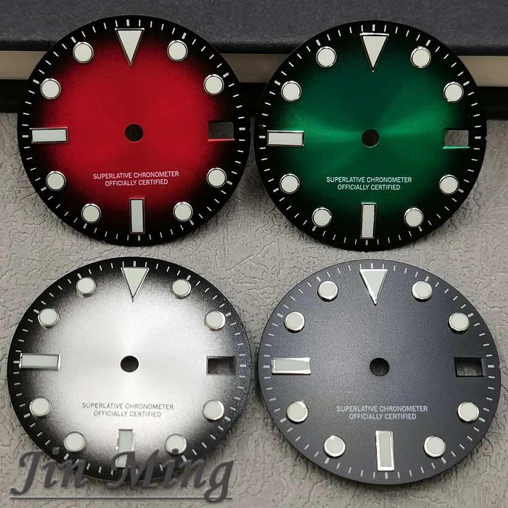 Hochwertiges 28,5 mm grünes rotes schwarzes graues Datumsfenster, grün leuchtendes aseptisches Zifferblatt, passend für NH35/NH36/4R/7S Automatikwerk Image