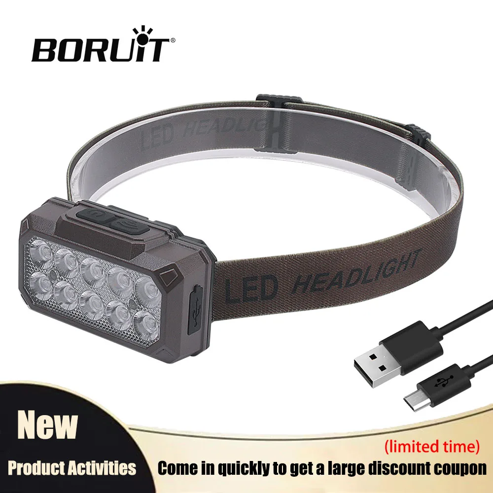 BORUiT LED-Stirnlampe mit Bewegungsmelder, Typ C, wiederaufladbar, wasserdicht, Stirnlampe, eingebauter Akku, Outdoor-Camping- und Angellampe Image