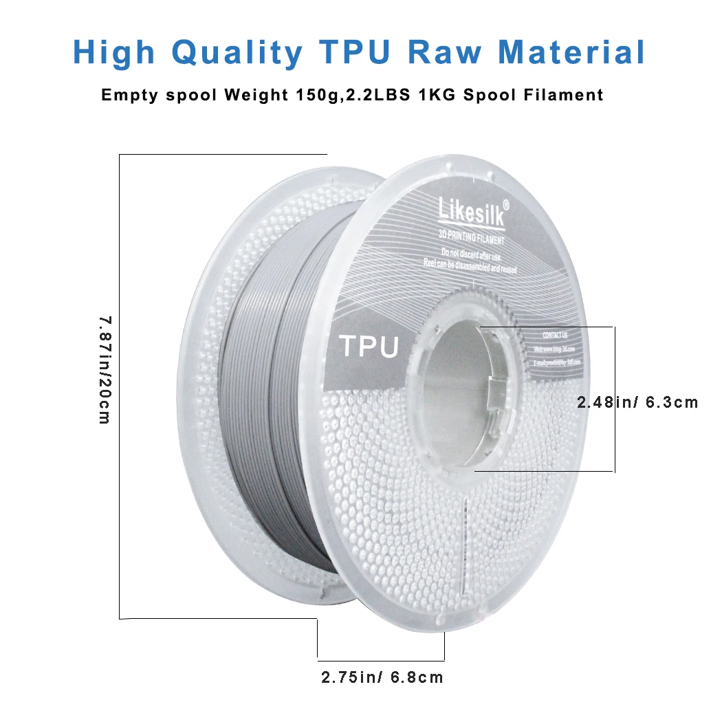 Likesilk 95A TPU-Filament, weiches, flexibles 3D-Drucker-Filament 1,75 mm, Maßgenauigkeit +/- 0,03, 1 kg Spule (2,2 lbs), (TPU-Gra Image