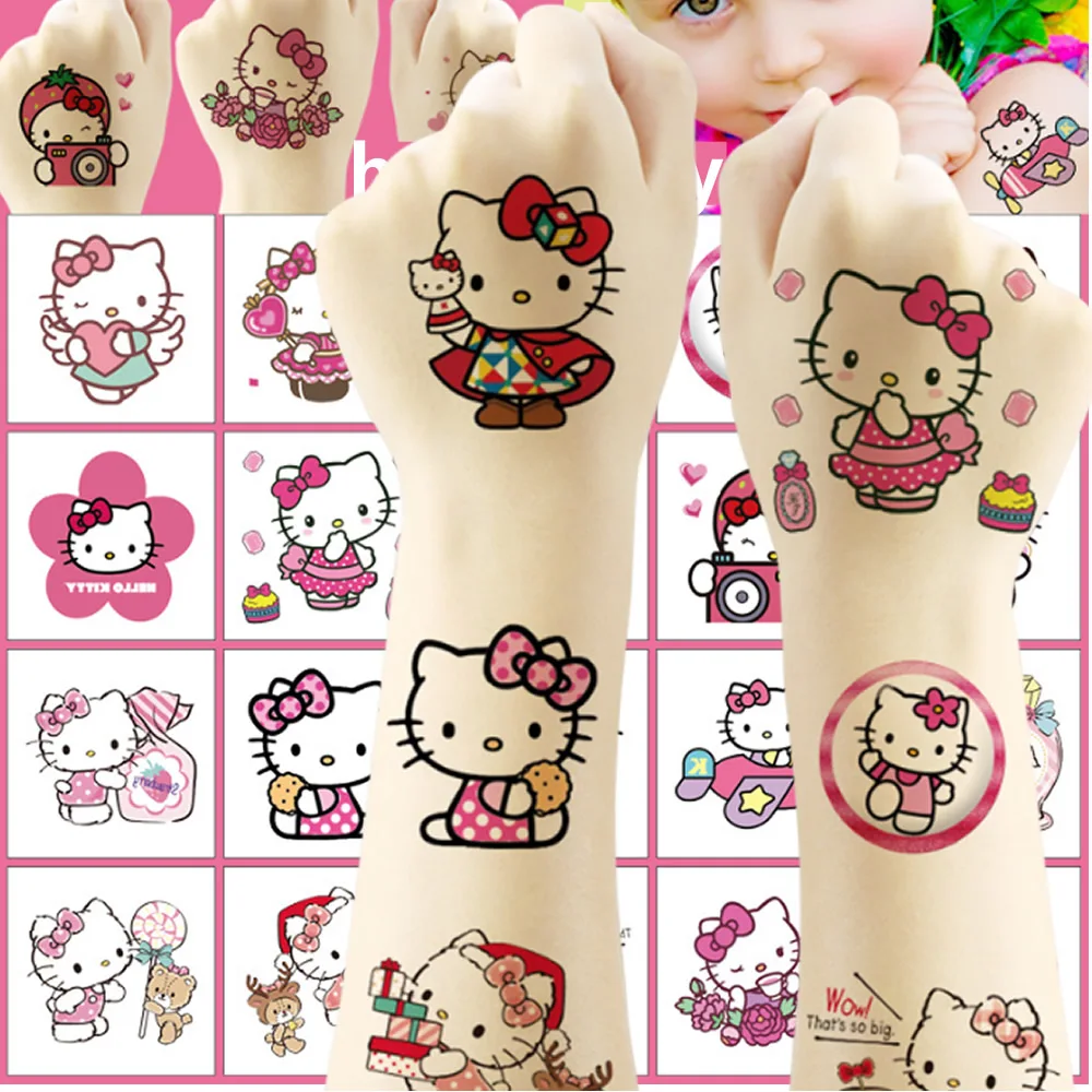 20 Stück Kawaii Cartoon Hello Kitty Temporäre Tattoo-Aufkleber Niedliche Anime Kinder Wasserfeste Tattoos Aufkleber-Set Geschenk Spielzeug
