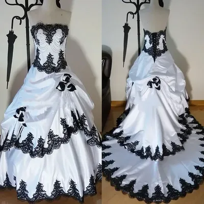 Mittelalterliches schwarz-weißes Hochzeitskleid aus gerafftem Satin, lange Gothic-Brautkleider, Spitzenapplikationen, individuelle Vintage-viktorianische Robe Image