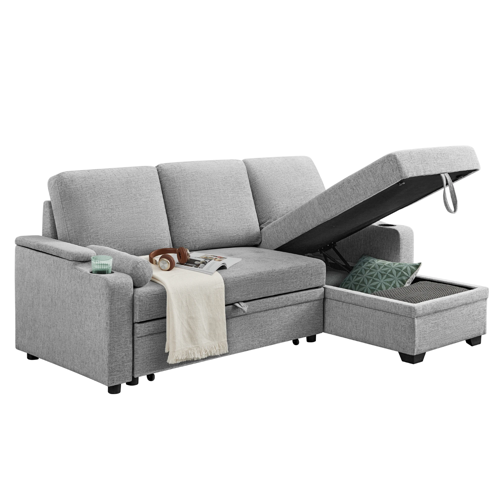 Umwandelbares Sofa mit Getränkehalter, ausziehbares 3-Sitzer-Sofa, ausziehbares Sofa, Come-Bett, chinesisches Ecksofa mit Stauraum