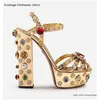Vintage Gold verspiegelte Plateausandalen, runde offene Zehenpartie, klobiger Absatz, Damenschuhe,