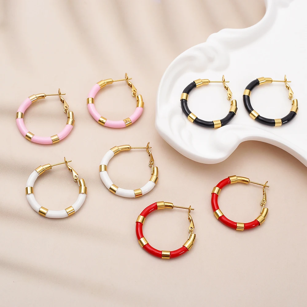 Damen-Creolen aus Edelstahl in Goldfarbe, Vintage-Stil, Elegant, Schwarz, Rot, Weiß, Rosa, Glasiert, Täglicher Schmuck, Geschenke
