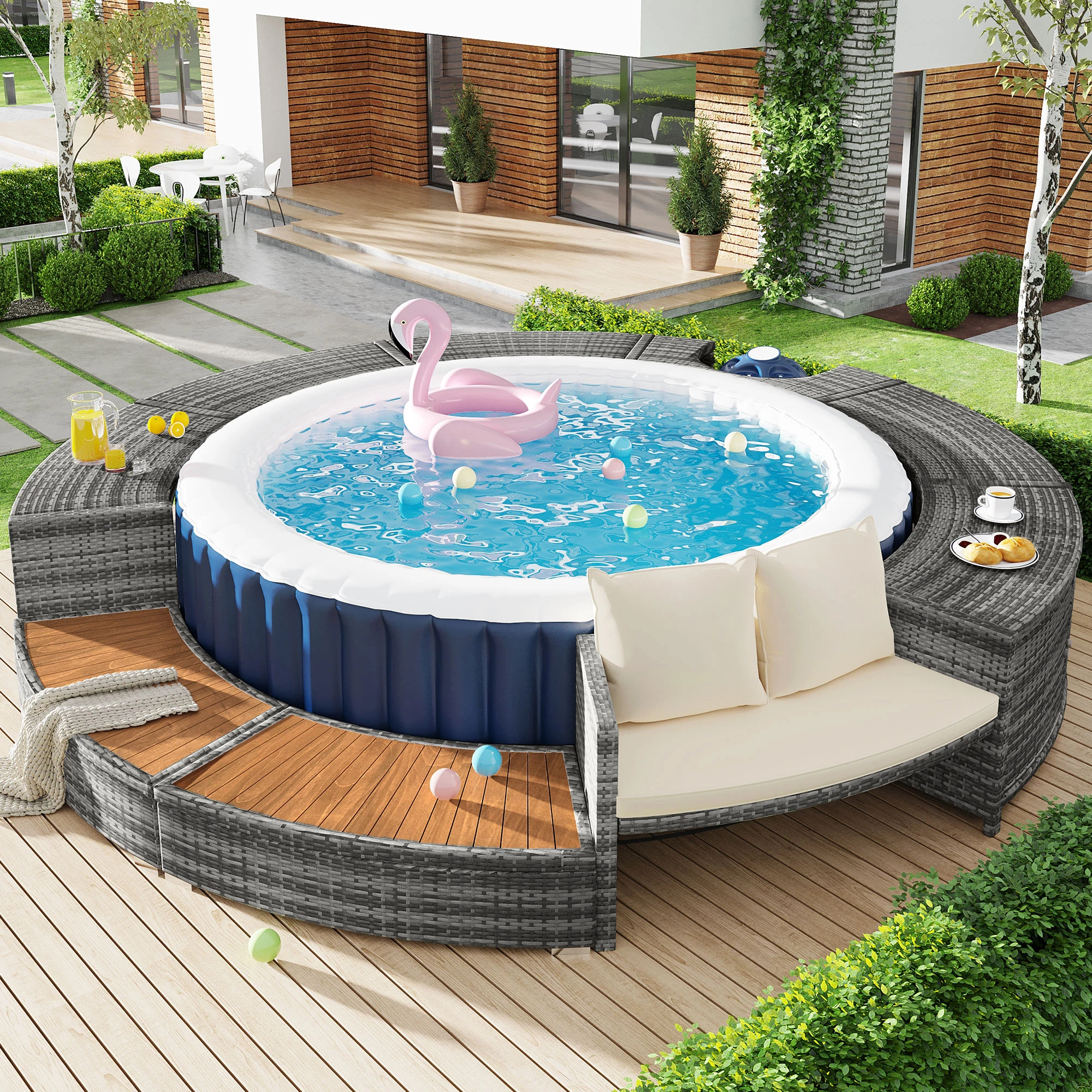 Garten-Lounge-Set mit rundem Sofa, Gartenmöbel-Set mit verstellbaren Füßen, einschließlich Kissen, Möbel für Terrasse, Garten Image