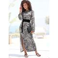 Maxikleid LASCANA, Damen, Gr. 36, N-Gr, creme, graublau bedruckt, Jersey, Obermaterial: 100% Viskose, bedruckt, modisch, figurumspielend knöchellang, Rundhals, Langarm gesmokt, Kleider, mit seitlichem Schlitz, Jerseykleid im Alloverprint