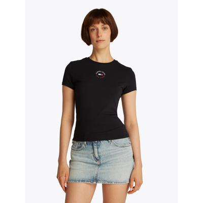 T-Shirt TOMMY JEANS "TJW SLIM ESSENTIAL LOGO 2 TEE", Damen, Gr. S (36), schwarz, Single Jersey, Obermaterial: 70% Baumwolle, 30% Viskose, unifarben, Basic, slim fit kurz, Rundhals, Kurzarm abgesteppt, Shirts, mit Logoschriftzug Image