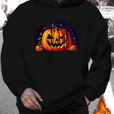 TEMU Men's Halloween Pumpkin Print Hoodie Casual Drawstring Hooded Sweatshirt Knit Polyester Long Sleeve Pullover For Fall/winter Image