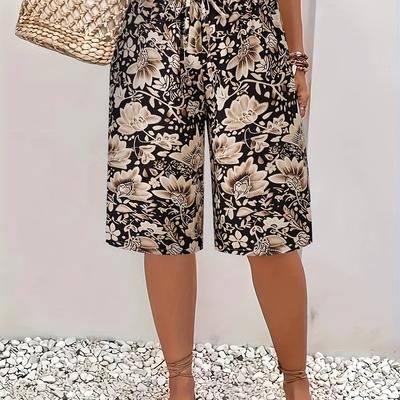 TEMU Women's Vintage Floral Shorts With Fake Drawstring Waist - Lightweight Polyester, Relaxed Fit For Summer Vacations, Ladies Short Image