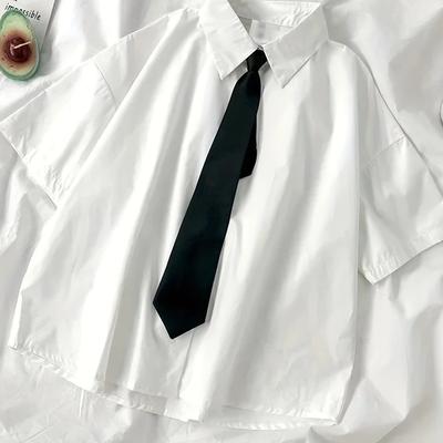 TEMU Women's Casual Summer White Shirt With Black Tie - Loose Fit, Short Sleeve, Button-up, Lapel Collar, , Casual Attire|relaxed Fit Shirt|single Breasted Shirt Image