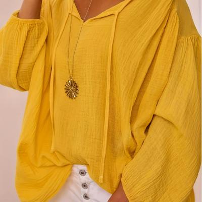 TEMU Elegant Plus Size V-neck Blouse With Drawstring Detail - Solid Color, Long Sleeve, Button-up Shirt For Women, Spring/summer/fall, Top | Blouse | Glossy Texture, Ladies Blouses Image
