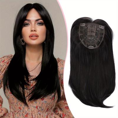 TEMU 18-inch Long Wavy Black Hair Topper For Women - Clip-in Synthetic Fiber, Natural Straight Look, Big Base Cover For Thinning Hair, , Parties, And Festivals Image