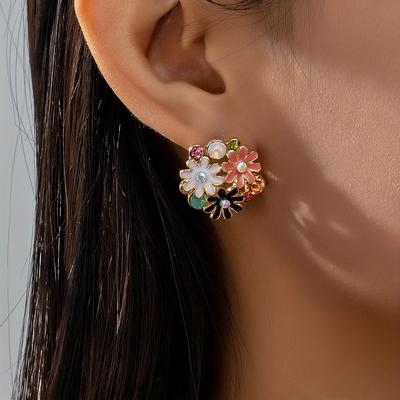 TEMU Floral Stud Earrings - Sweet & With Gemstones, Golden-tone Zinc Alloy, Stainless Steel Posts, Ideal For Or Vacation, Quirky Earrings Image