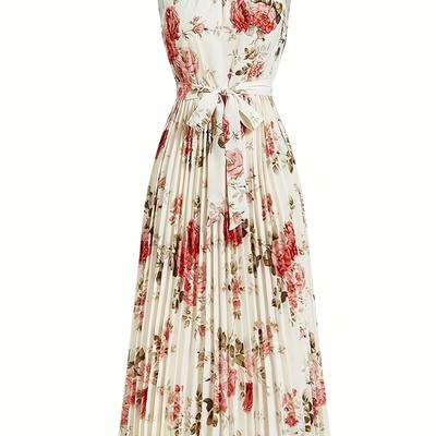 TEMU Women's Floral Print Sleeveless Dress With Ruched Detail - Spring/summer, Casual To Semi-formal Occasions, Casual Dress|floral Print Dress|ruched Detailing, Floral Dress Image