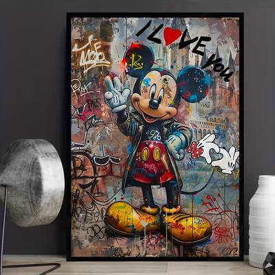 "TEMU 1pc Unframed Mouse Canvas Art Print - Vibrant Graffiti-style Wall Decor With "i Love You" Text, Abstract Cartoon Design For Modern Home Or Bedroom, No Frame Needed, Mouse Room Decor" Image