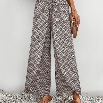 TEMU Women's Wide-leg Print Pants With Adjustable Drawstring Waist & Bow Detail - Geometric Pattern, High-waisted, , Brown & , Casual Or Stylish Outfits, High Waisted Pants Image