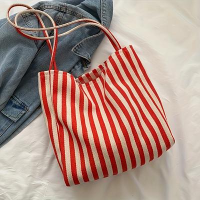 TEMU 1pc Striped Tote Bag - Large Capacity Open Top Shoulder Bag For Women, Hand Washable & Dry , Shopping Beach Casual (red/blue/black), Spacious Interior Image