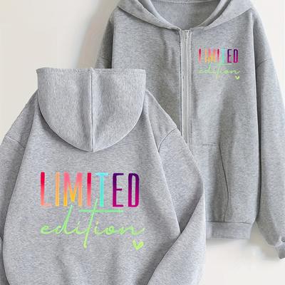 "TEMU Women's " Edition" Colorful Letter Print Hoodie - Casual & Travel-friendly Zip-up Sweatshirt Jacket, Comfortable Design With Pockets, Black, Casual Wear Hoodie | Hoodie | Zippered Jacket" Image