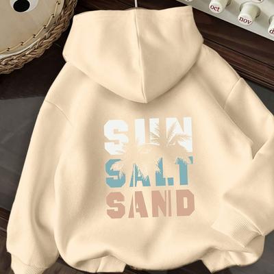 "TEMU Women's Casual " Sand" Letter Print Hoodie - Pink Drawstring Hooded Sweatshirt With Colorful Beach-themed Design, Comfortable Wear" Image