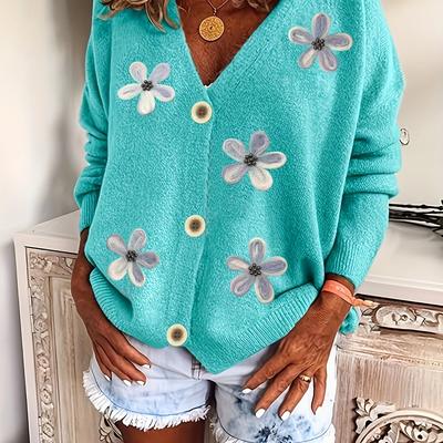 TEMU Women' Blue Floral Print V-neck Cardigan With Button Front - Stylish Sweater For Fall/winter, Casual Polyester Cardigan| Sweater| Textur Image