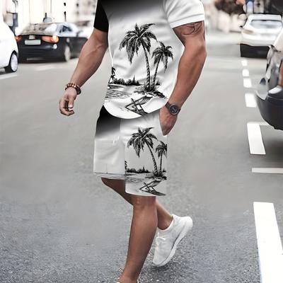 TEMU New Unisex Style Two-piece Set, 3d Digital Printing, Novelty Set, Beach Coconut Tree Pattern, Suitable For Beach, Home, Outdoor, Party, Cycling, , Street, Casual Breathable Top, S-2xl Image