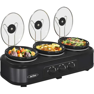 Triple Slow Cooker Buffet Servers and Warmer,3 Pot Food Small Mini Manual Slow Cooker with Adjustable Temp Stainless Steel Lid R