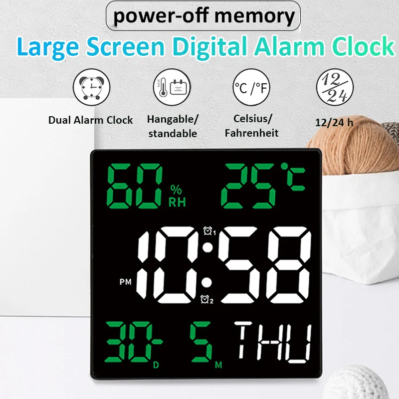 Multifunktionaler digitaler Wecker, Temperatur-/Feuchtigkeitsanzeige, Dual-Alarme, großer Bildschirm, Wanduhr, Aufladen, Desktop-Uhr, Heimdekoration Image