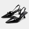 Modische spitze Zehen, flacher Mund, neue Schuhe mit hohen Absätzen, Sommer, elegante Schnalle, verziert, Stiletto, schwarze Damenschuhe