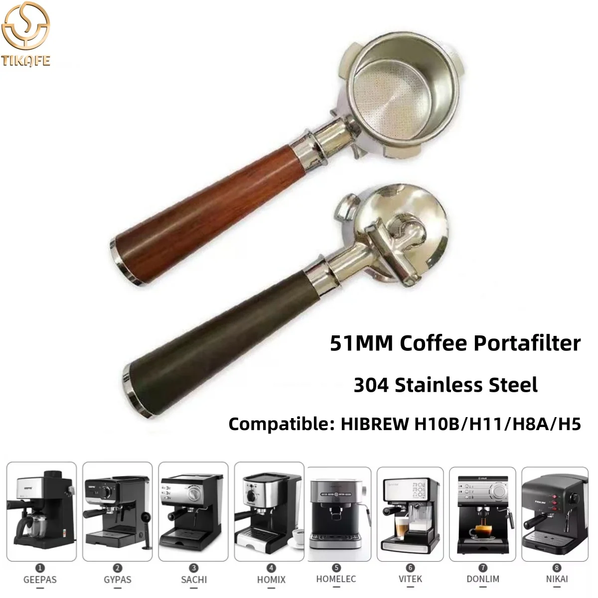 51mm Doppelauslauf-Siebträger für HiBREW H10B/H11/H8A, Sangkee, Mr. Coffee, Oster, Cecotec, Phico, Brayer BR1101 - Edelstahl Image
