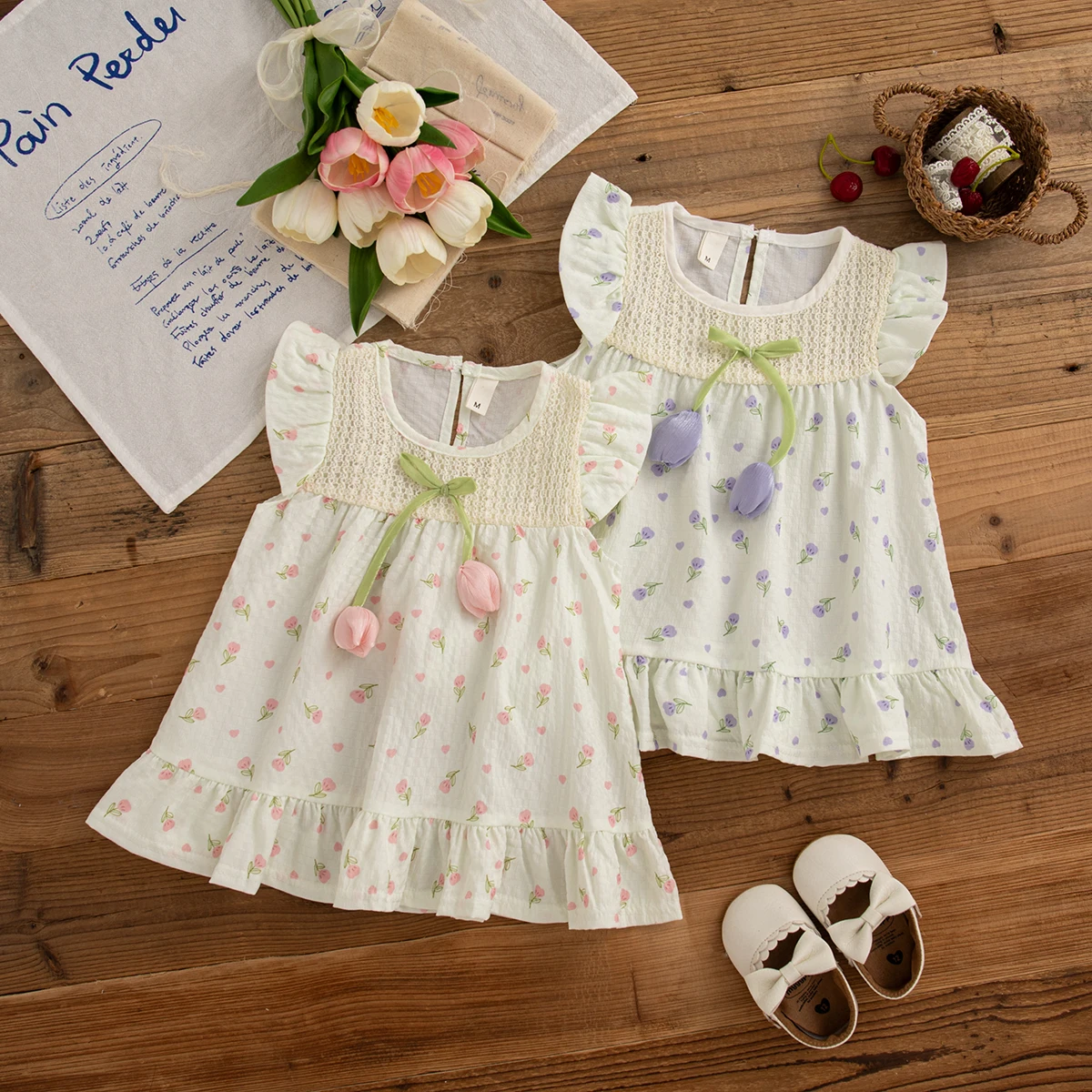 Baby Mädchen Kleid Sommer Tulpe Baumwolle Mädchen Kleid Niedliche Kleine Fliegenärmel Mädchen Prinzessin Kleid Baby Mädchen Kleidung Image