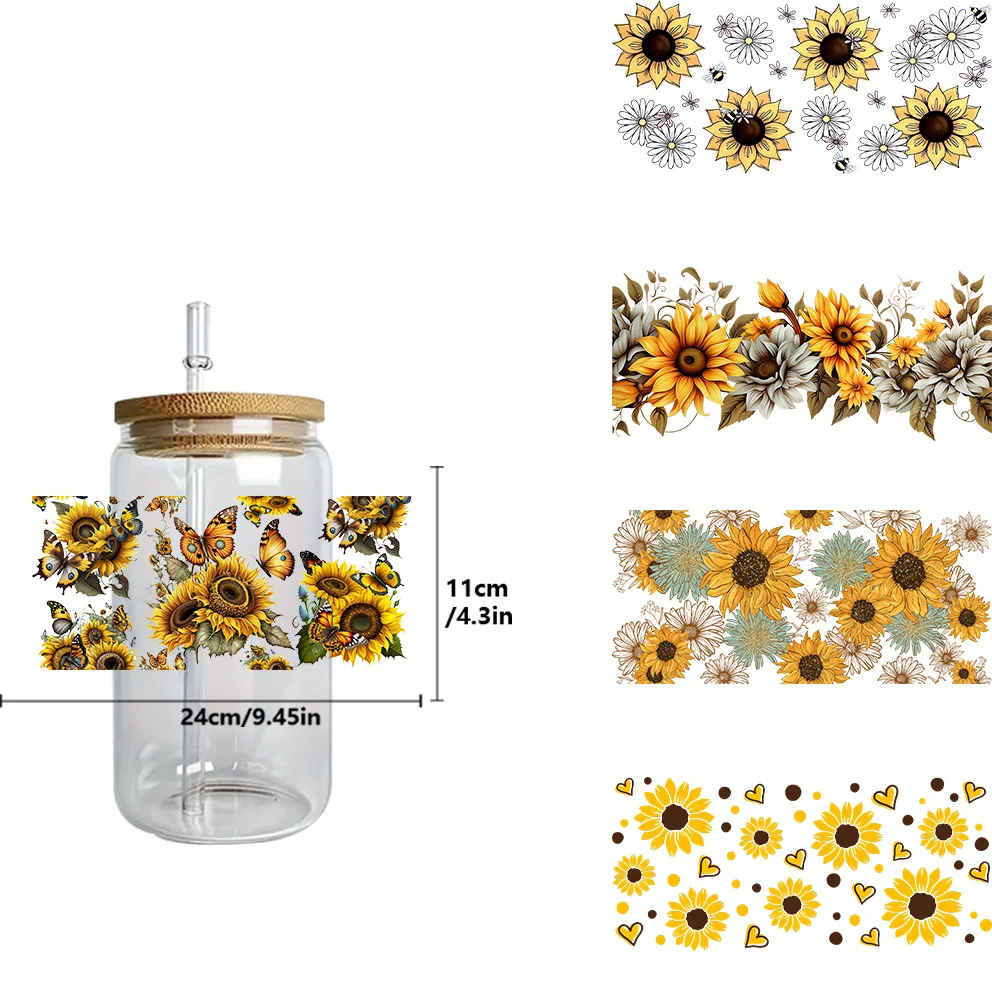 3D Sticker UV DTF 16oz Cup Warps Sunflower Artwork Collection UV DTF Coffee Can Wraps For Libbey Glass Wraps