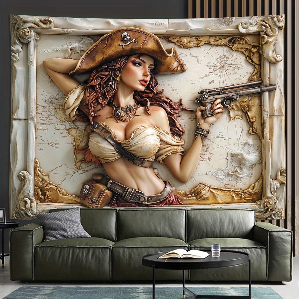 3D Piratenmädchen Wandtuch Vintage Polyester Home Decor Wandteppich für Wohnzimmer, Schlafzimmer, Büro oder Party Wandkunst Wandteppich Image