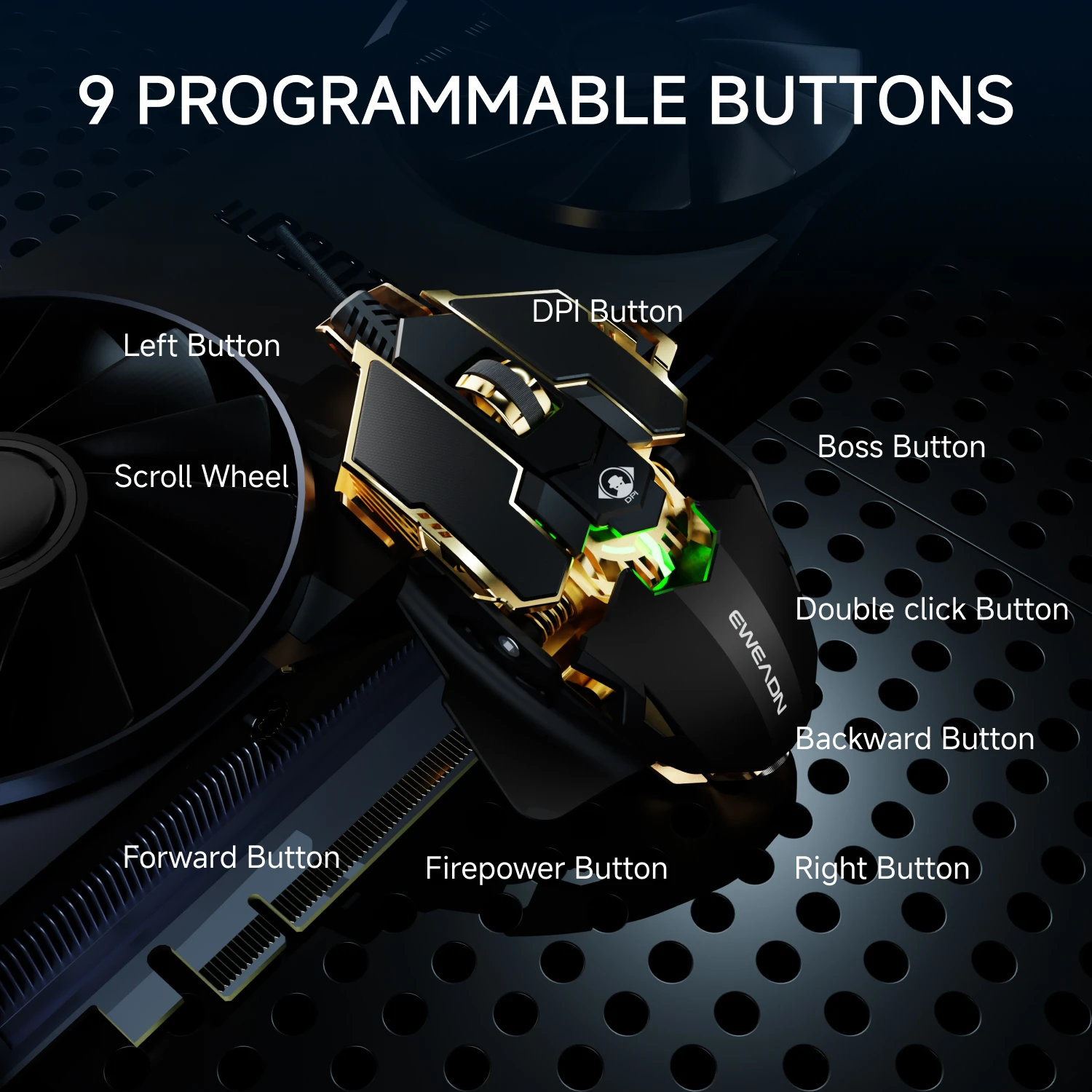 EWEADN Ergonomische kabelgebundene USB-Gaming-Maus, leiser oder akustischer Klick, 8-Tasten mit Makro, mechanisches Metalldesign, verstellbarer Schwanz Image