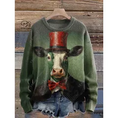PLstar Cosmos new 3D printed animal series cute cow pattern wearing hat ugly sweater winter street casual unisex